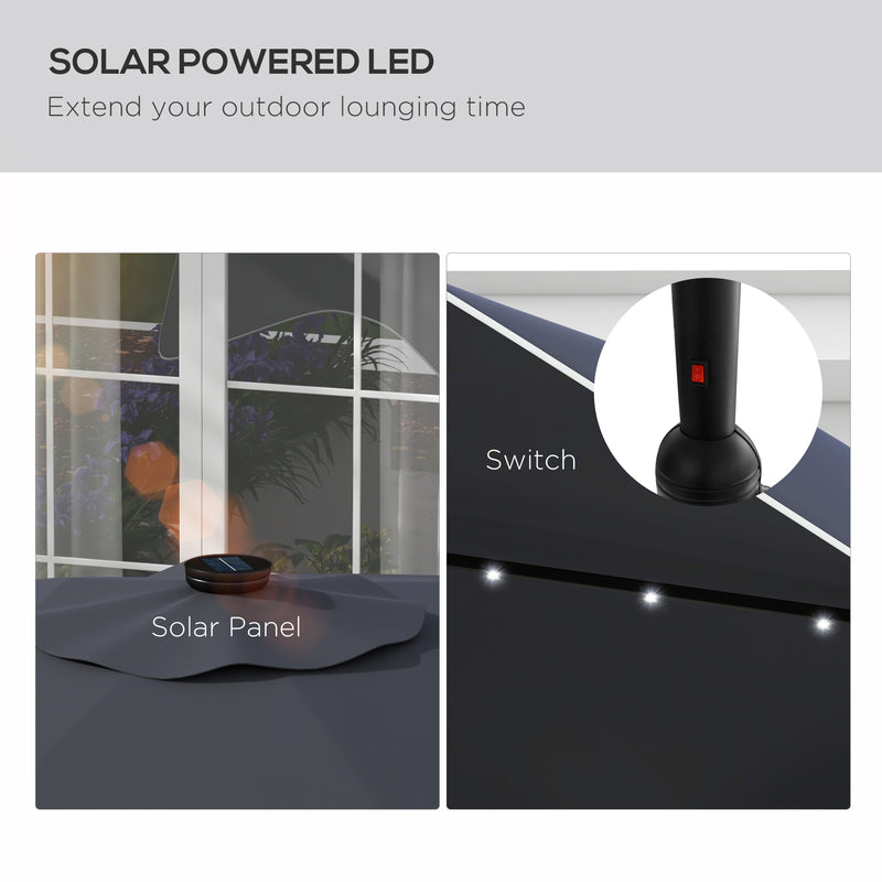 Solar Patio Umbrella with LED and Tilt, Outdoor Market Table Umbrella Parasol with Crank, 10 x 10 ft, Dark Grey
