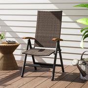 Outsunny - Folding Wicker Patio Dining Chair with 5-level Reclining Back, Wooden Armrests for Outdoor, Garden, Backyard, Brown