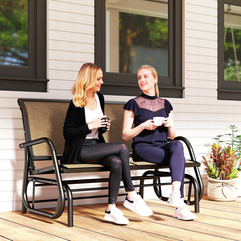 Outsunny - Outdoor Glider Bench, 2 Person Patio Glider Chair, Gliding Outdoor Garden Loveseat Swing Bench with Breathable Mesh Fabric, Steel Frame for Backyard, Porch, Brown