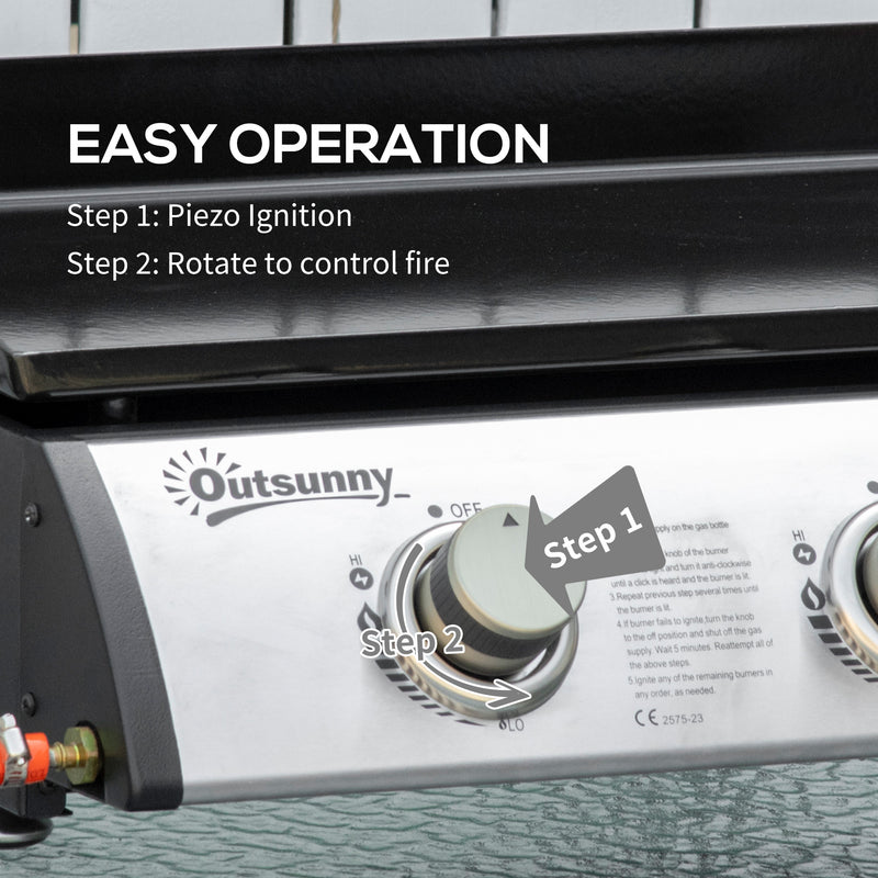 Outsunny - 3 Burner Liquefied Gas Grill, Portable Tabletop BBQ Grill, for Camping, Picnic, Silver