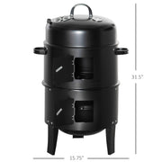 Outsunny - 3-in-1 Vertical Charcoal BBQ Smoker, 16" Round Barbecue Grill with 2 Cooking Areas and Thermometer, Black