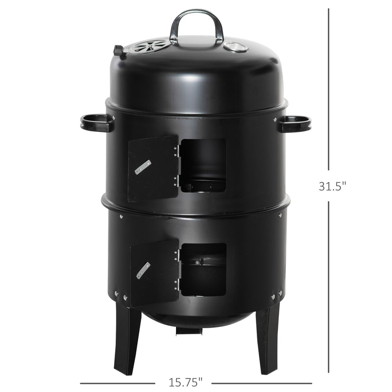 Outsunny - 3-in-1 Vertical Charcoal BBQ Smoker, 16" Round Barbecue Grill with 2 Cooking Areas and Thermometer, Black