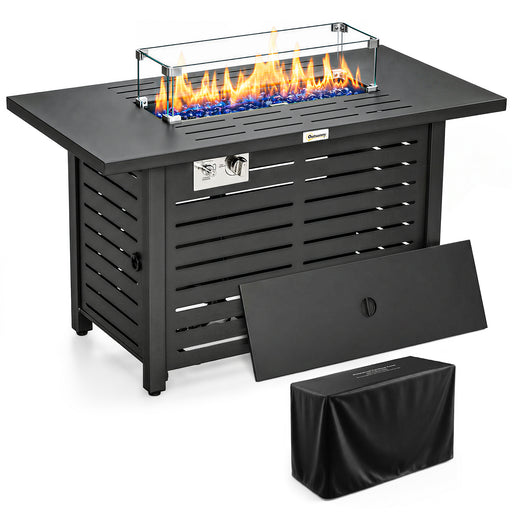 Outsunny - Propane Gas Fire Pit Table, Outdoor Firepit with 43" Steel Tabletop and Lid, 50,000 BTU Pulse Ignition Fire Table w/ Stainless Steel Burner, Glass Wind Guard, and Cover
