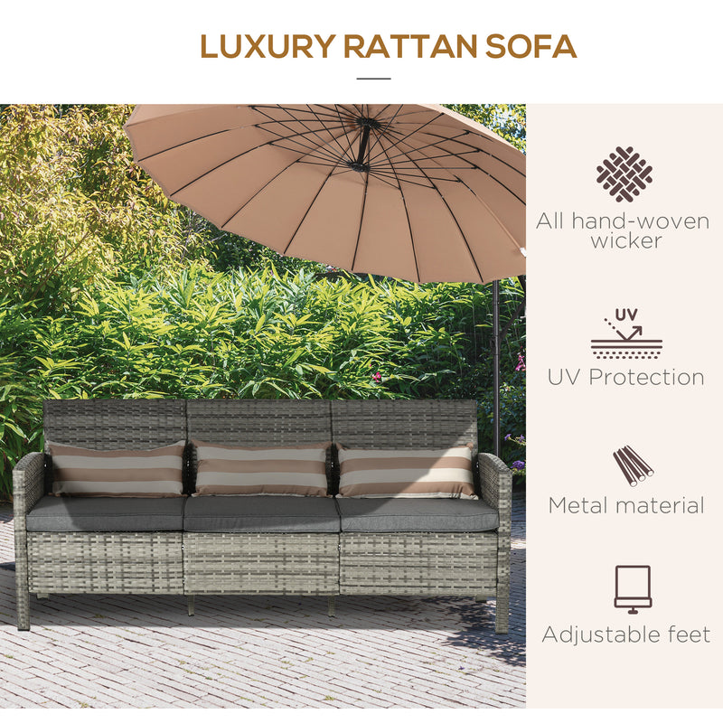 Outsunny - 3-Seater Wicker Sofa, PE Rattan Outdoor Couch Conversation Furniture with Removable Cushions for Patio, Garden, Grey