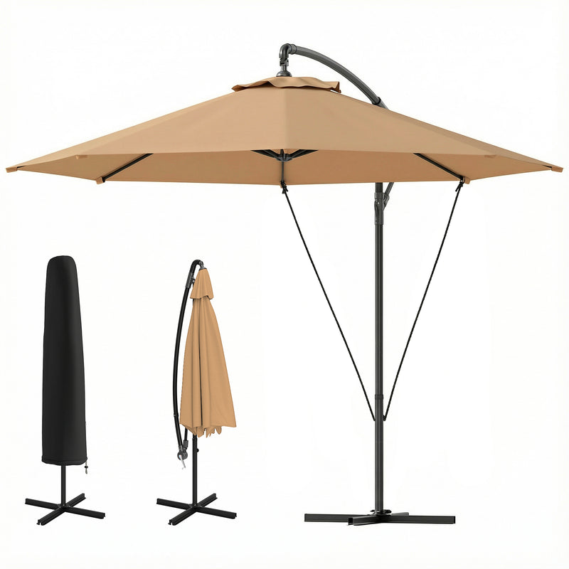 Outsunny - 9.5' Cantilever Umbrella with Wind Protection Strap and Cover, Hanging Umbrella with Crank and Cross Base, Khaki — 84D-394V00KK