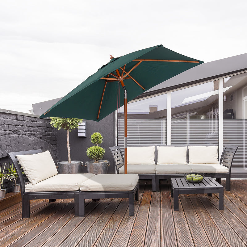 Outsunny - 6.6x5ft Square Market Parasol, Wooden Patio Umbrella with Tilt Mechanism and 6 Bamboo Ribs, Garden Sunshade, Green — 84D-017GN
