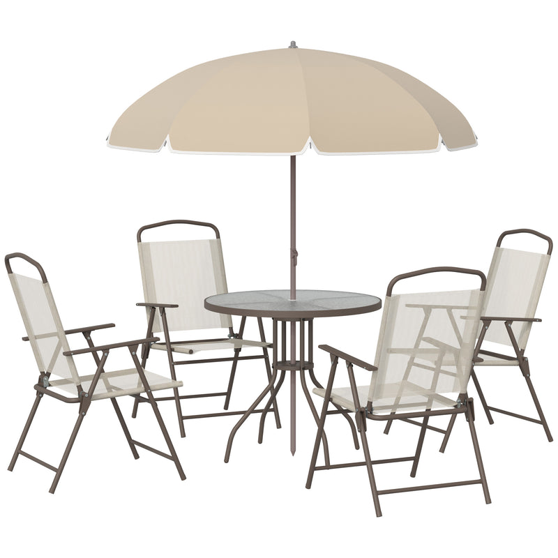 Outsunny - 6 Pieces Outdoor Dining Set for 4 with Umbrella Patio Outdoor Furniture Set with Round Table 4 Folding Chairs Cream