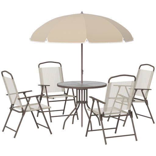 Outsunny - 6 Pieces Outdoor Dining Set for 4 with Umbrella Patio Outdoor Furniture Set with Round Table 4 Folding Chairs Cream