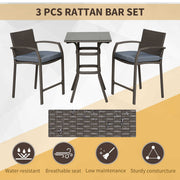 Outsunny - 3 Pieces Patio Bar Set Wicker Garden Bistro Set Outdoor Furniture PE Rattan Table and Stools with Seat Cushion, Grey