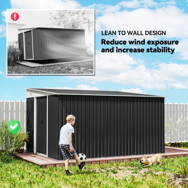 11' x 9' Steel Garden Storage Shed, Outdoor Metal Tool House with Double Sliding Doors, Dark Grey