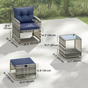 Outsunny - 5 Piece Patio Furniture Set, Wicker Patio Chairs with Ottomans, 2-Tier Glass Coffee Table and Cushions, Grey/Dark Blue