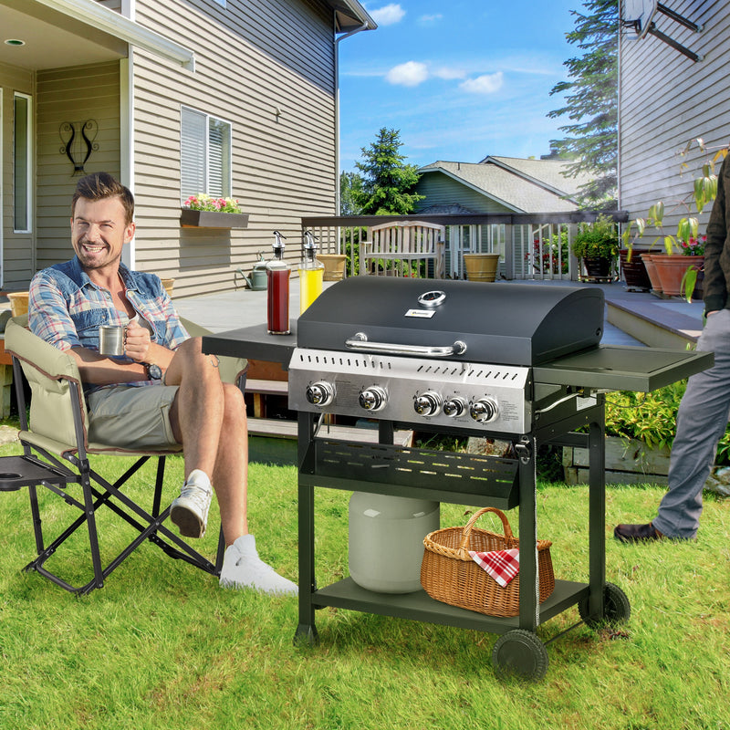 Outsunny - 40,000 BTU Propane Gas Grill BBQ Cart with 4 Main Burners, 1 Side Burner, with Warming Rack, Side Prep Tables, Black
