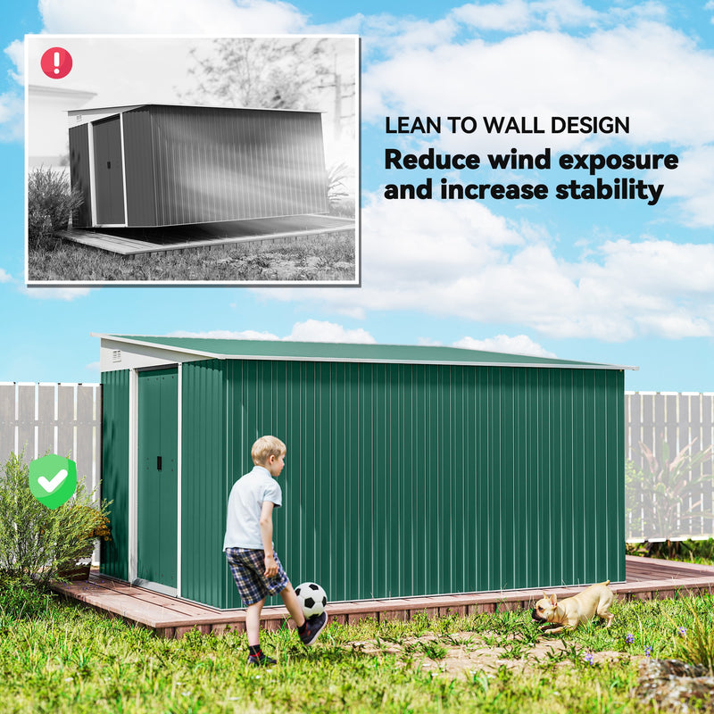 11' x 9' Steel Garden Storage Shed, Outdoor Metal Tool House with Double Sliding Doors & 2 Air Vents, Green