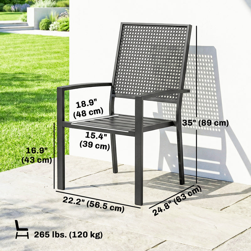Outsunny - Stackable Patio Chairs Set of 2, Outdoor Dining Chairs with Faux Wicker Steel Mesh Back, Slatted Seat, Armrests, Black