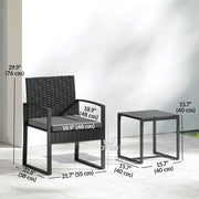 Outsunny - Outdoor Bistro Set, 3 Piece Wicker Patio Furniture Set with Glass Top Table and Cushions for Porch, Balcony, Dark Grey
