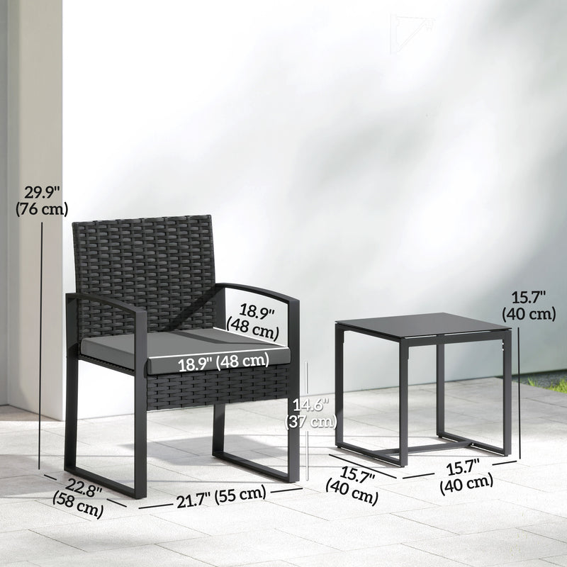 Outsunny - Outdoor Bistro Set, 3 Piece Wicker Patio Furniture Set with Glass Top Table and Cushions for Porch, Balcony, Dark Grey