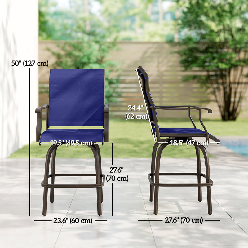 Outsunny - Outdoor Bar Stools Set of 2, Swivel Bar Height Chairs with High Back, Curved Armrests and Steel Frame, Navy Blue