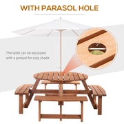 Outsunny - 8 Seater Round Wooden Pub Bench & Picnic Table, Patio Dining Set for Outdoor Patio (Umbrella Not Included)
