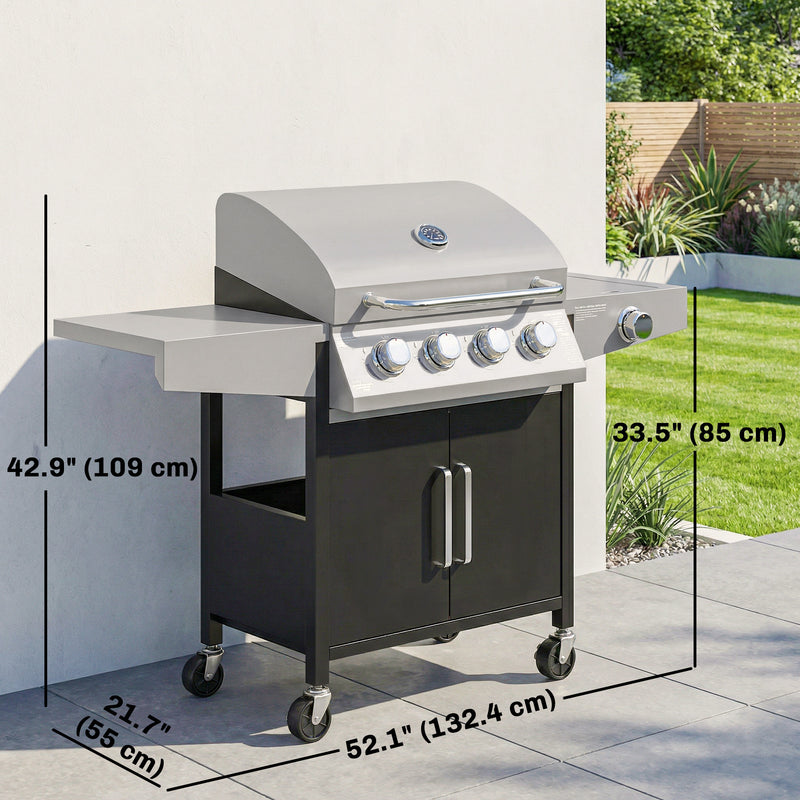 Outsunny - 4+1 Burner Liquid Propane Gas Grill, Outdoor Portable BBQ Grill with Side Burner, Warming Rack, Side Shelf
