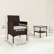 Outsunny - Wicker Bistro Set, 3 Piece Patio Furniture Set with 2-Tier Glass Top Table, Cushions for Balcony, Porch, Beige