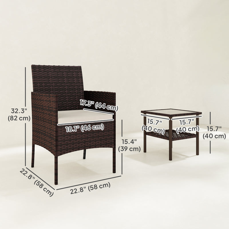 Outsunny - Wicker Bistro Set, 3 Piece Patio Furniture Set with 2-Tier Glass Top Table, Cushions for Balcony, Porch, Beige