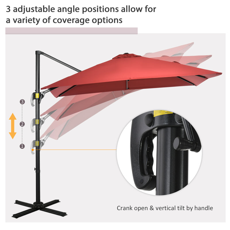Outsunny - 8' x 8' Square Patio Hanging Offset Umbrella with 360° Rotation, Aluminum Outdoor Cantilever Parasol with Crank & Tilt, Sun Canopy Shelter with Cross Base, Wine Red — 84D-051V00WR