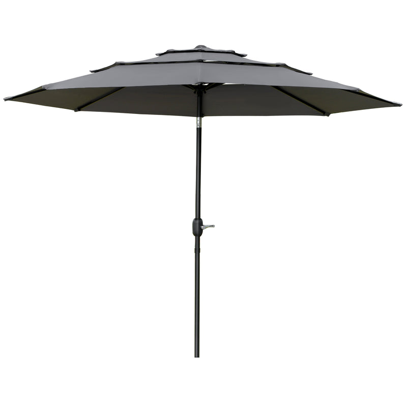 Outsunny - 9FT 3 Tiers Patio Umbrella Outdoor Market Umbrella with Crank, Push Button Tilt for Deck, Backyard and Lawn, Light Grey