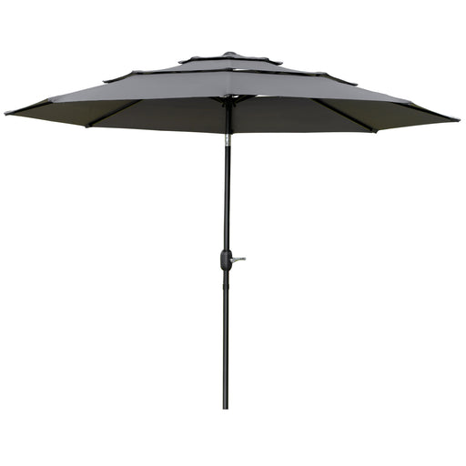 Outsunny - 9FT 3 Tiers Patio Umbrella Outdoor Market Umbrella with Crank, Push Button Tilt for Deck, Backyard and Lawn, Light Grey