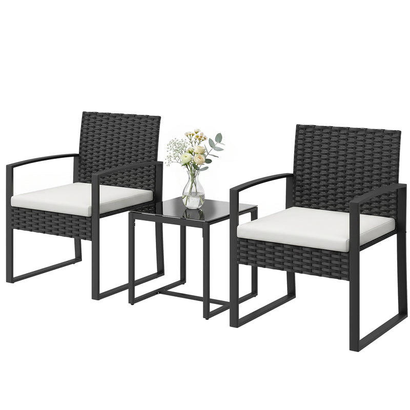 Outsunny - Outdoor Bistro Set, 3 Piece Wicker Patio Furniture Set with Glass Top Table and Cushions for Porch, Balcony, Cream White