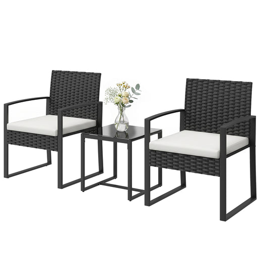 Outsunny - Outdoor Bistro Set, 3 Piece Wicker Patio Furniture Set with Glass Top Table and Cushions for Porch, Balcony, Cream White