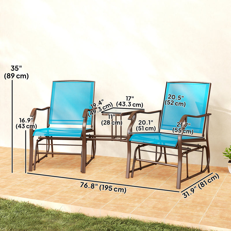 Outsunny - Outdoor Glider Chair with Table, 2-Seat Patio Glider Loveseat with Breathable Mesh Fabric, Blue