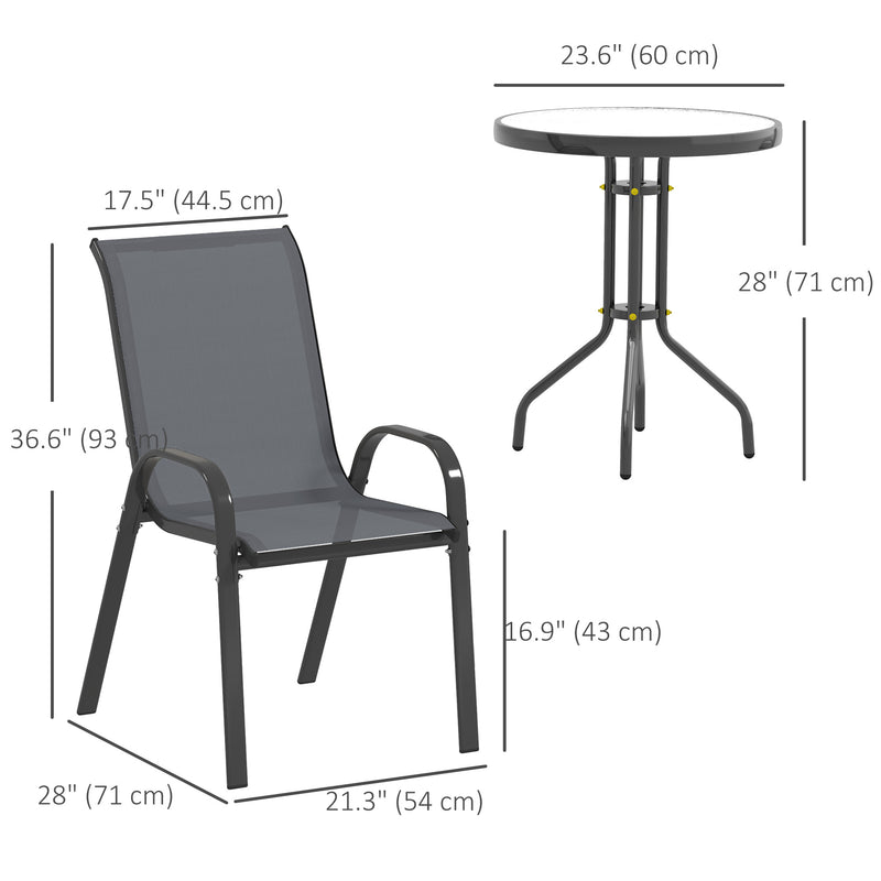 Outsunny - 3 Pieces Bistro Set, Small Patio Furniture Set with Stackable Mesh Chairs, Glass Table for Garden, Balcony, Dark Grey