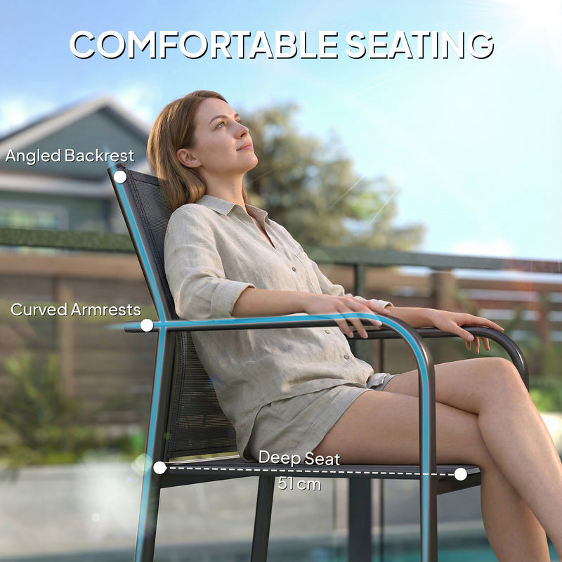 Outsunny - Stackable Patio Chairs Set of 4, Outdoor Dining Chairs with 20" Deep Seat, All Weather Breathable Mesh, Armrests, Black