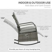 Outsunny - Outdoor Wicker Rocking Chair with Cushion, Patio PE Rattan Recliner Chair with Adjustable Footrest, Armrests, Mixed Grey