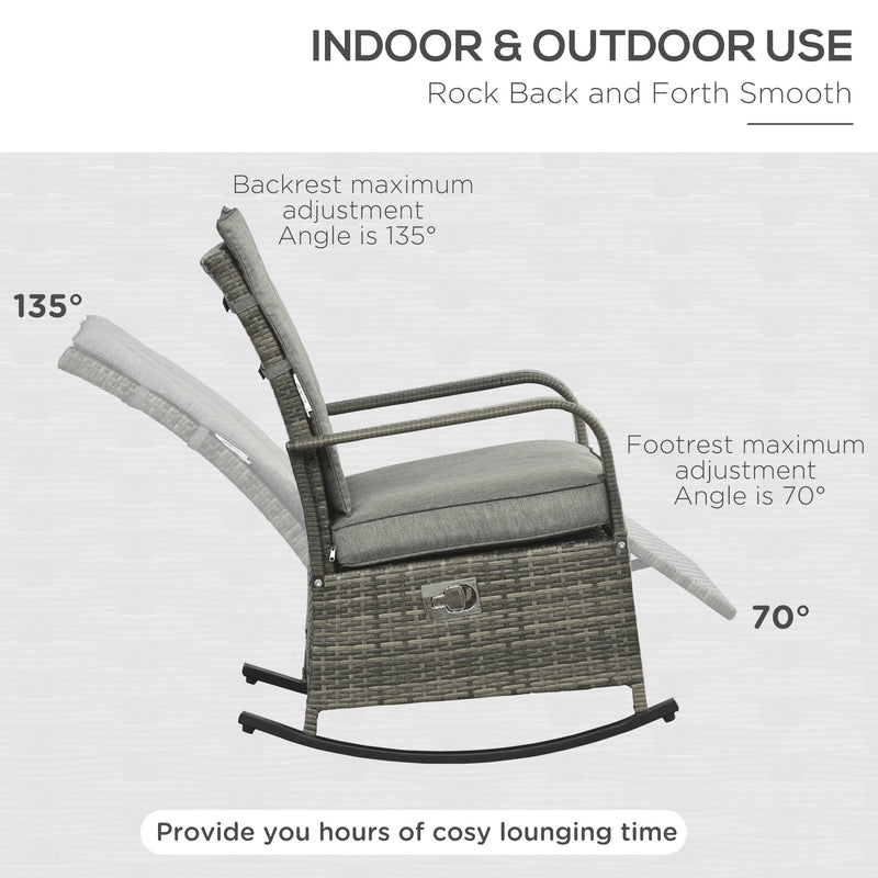Outsunny - Outdoor Wicker Rocking Chair with Cushion, Patio PE Rattan Recliner Chair with Adjustable Footrest, Armrests, Mixed Grey