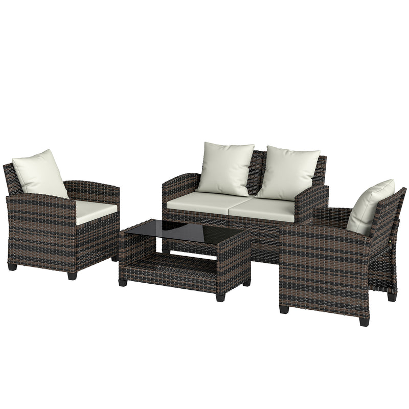 Outsunny - 4-Piece Outdoor Wicker Patio Furniture Conversation Set, Includes Loveseat, Chairs and 2-Tier Table with Cushions, Modern Rattan Sofa Set for Backyard, Beige