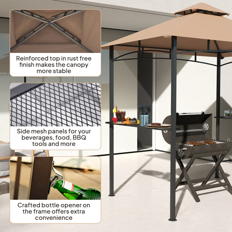 Outsunny - 8' x 5' BBQ Grill Gazebo Tent with Double Tiered Canopy for Outdoor Sun Shade, Khaki