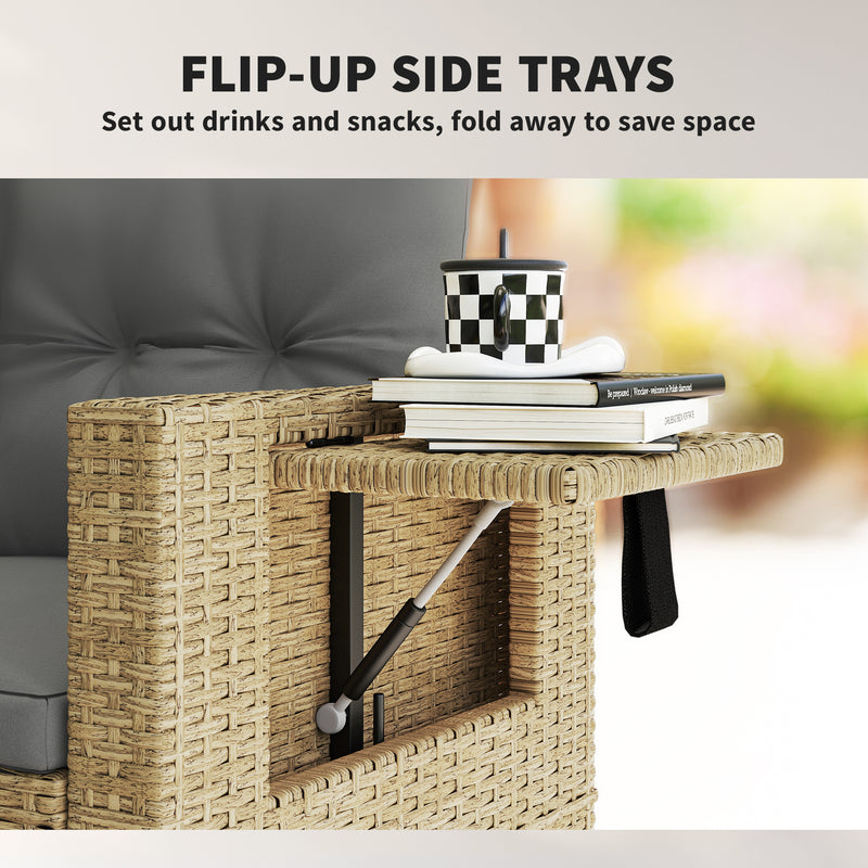 Outsunny - Wicker Outdoor Sofa with Side Trays, Rattan Patio Loveseat with Cushions for Garden Balcony, Light Grey