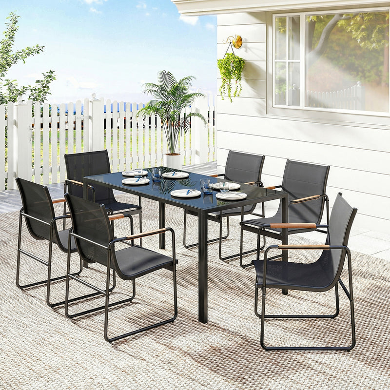 Outsunny - 7 Pieces Outdoor Dining Set for 6, Glass Patio Table and Chairs with Decorative Armrests, All Weather Mesh, Black