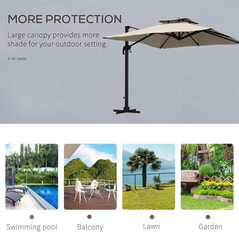 10ft Square Cantilever Patio Umbrella, 360° Rotating Overhanging Umbrella with Cross Base, Crank Handle, Khaki
