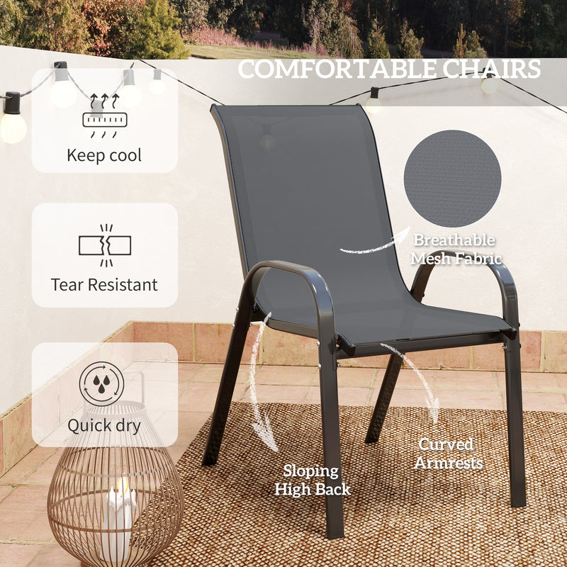 Outsunny - 3 Pieces Bistro Set, Small Patio Furniture Set with Stackable Mesh Chairs, Glass Table for Garden, Balcony, Dark Grey