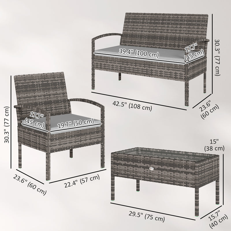Outsunny - 4 Pieces Patio Furniture Set with A Loveseat, Two Armchairs and A Coffee Table, Outdoor Conversation Set, Light Grey