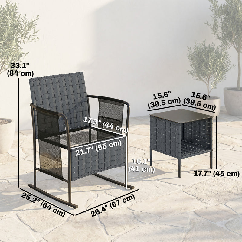 Outsunny - 3 Pieces Rocking Bistro Set Outdoor Patio Furniture Set with Side Pockets, Mesh Seat, Cushions, 2-Tier Table, Grey