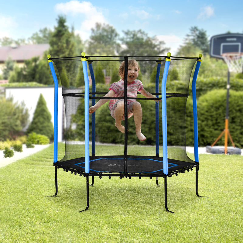Soozier 63" Kids Trampoline Mini Indoor Bouncer Jumper with Enclosure Net Elastic Thick Padded Pole Gift for Child Toddler Age 3-6 Years Old Blue