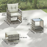 Outsunny - 5 Piece Patio Furniture Set, Wicker Patio Chairs with Ottomans, 2-Tier Glass Coffee Table and Cushions, Grey/Cream White