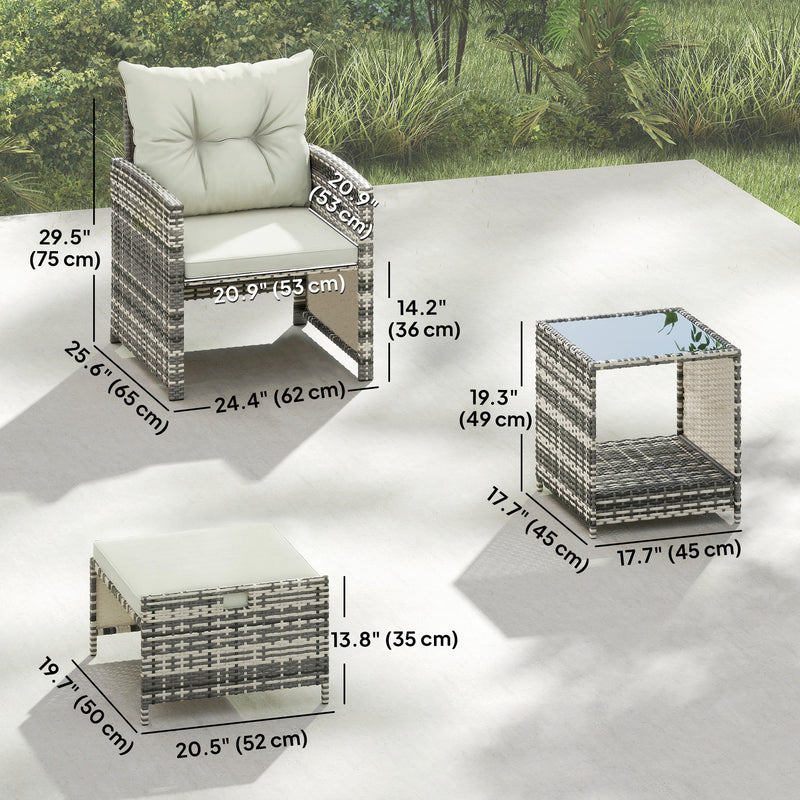 Outsunny - 5 Piece Patio Furniture Set, Wicker Patio Chairs with Ottomans, 2-Tier Glass Coffee Table and Cushions, Grey/Cream White