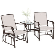 Outsunny - Double Patio Glider Chair with Glass Top Center Table, Outdoor Glider Loveseat with High Back, All Weather Breathable Mesh Fabric for Garden, Backyard, Deck, Beige