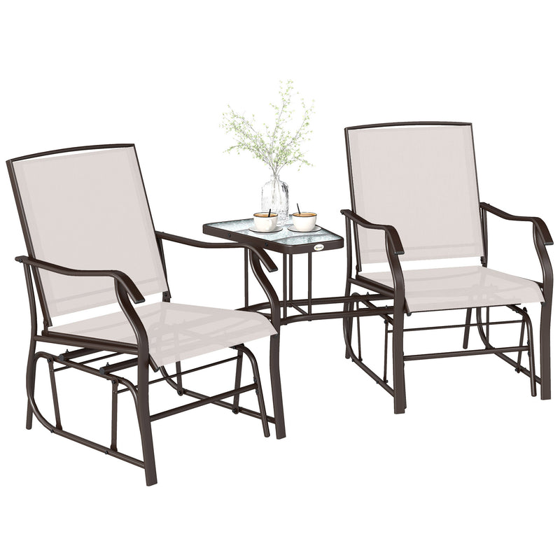 Outsunny - Double Patio Glider Chair with Glass Top Center Table, Outdoor Glider Loveseat with High Back, All Weather Breathable Mesh Fabric for Garden, Backyard, Deck, Beige