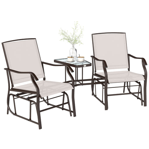 Outsunny - Double Patio Glider Chair with Glass Top Center Table, Outdoor Glider Loveseat with High Back, All Weather Breathable Mesh Fabric for Garden, Backyard, Deck, Beige