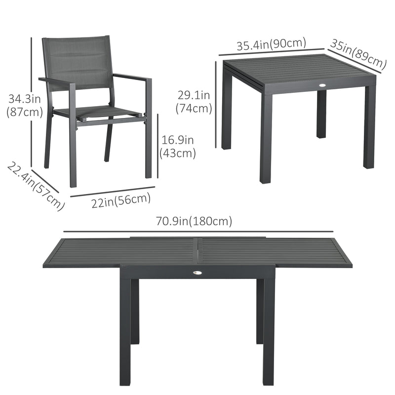 Outsunny - Patio Dining Set for 6, Aluminum Expandable Outdoor Table and 6 Stackable Chairs with Padded Back, Mesh Seat, Dark Grey